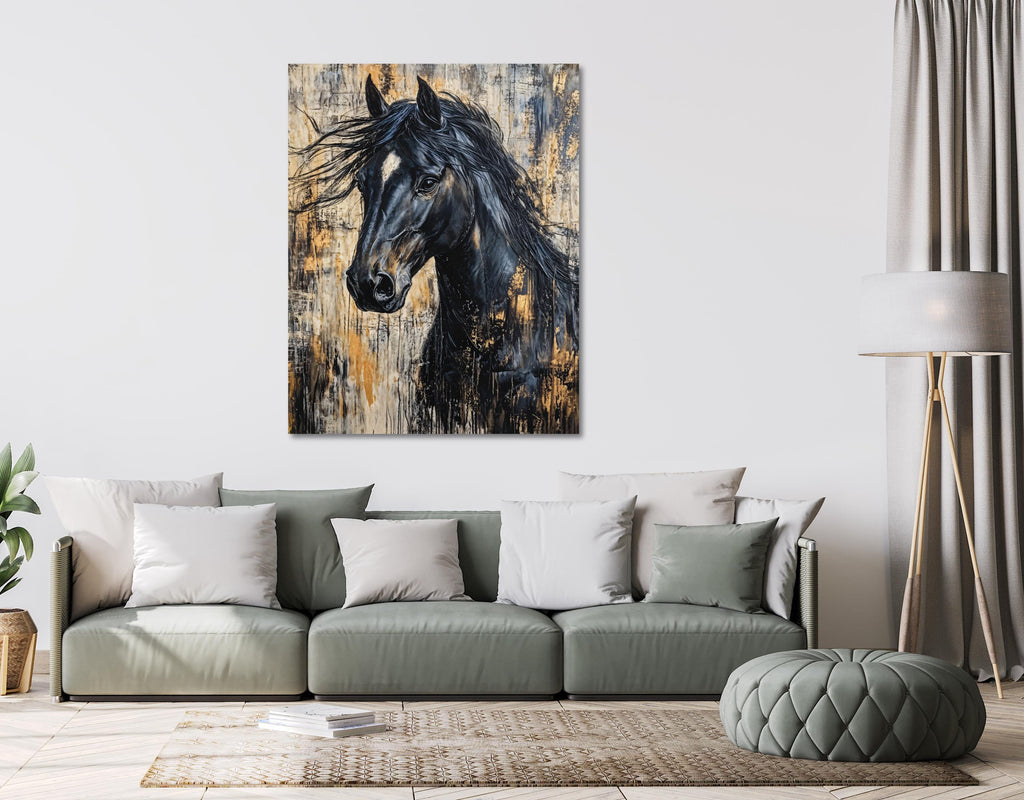 Intense front-facing view of a black horse painting, capturing soulful brown eyes, soft muzzle, tousled forelock, and elegant gold textures.
