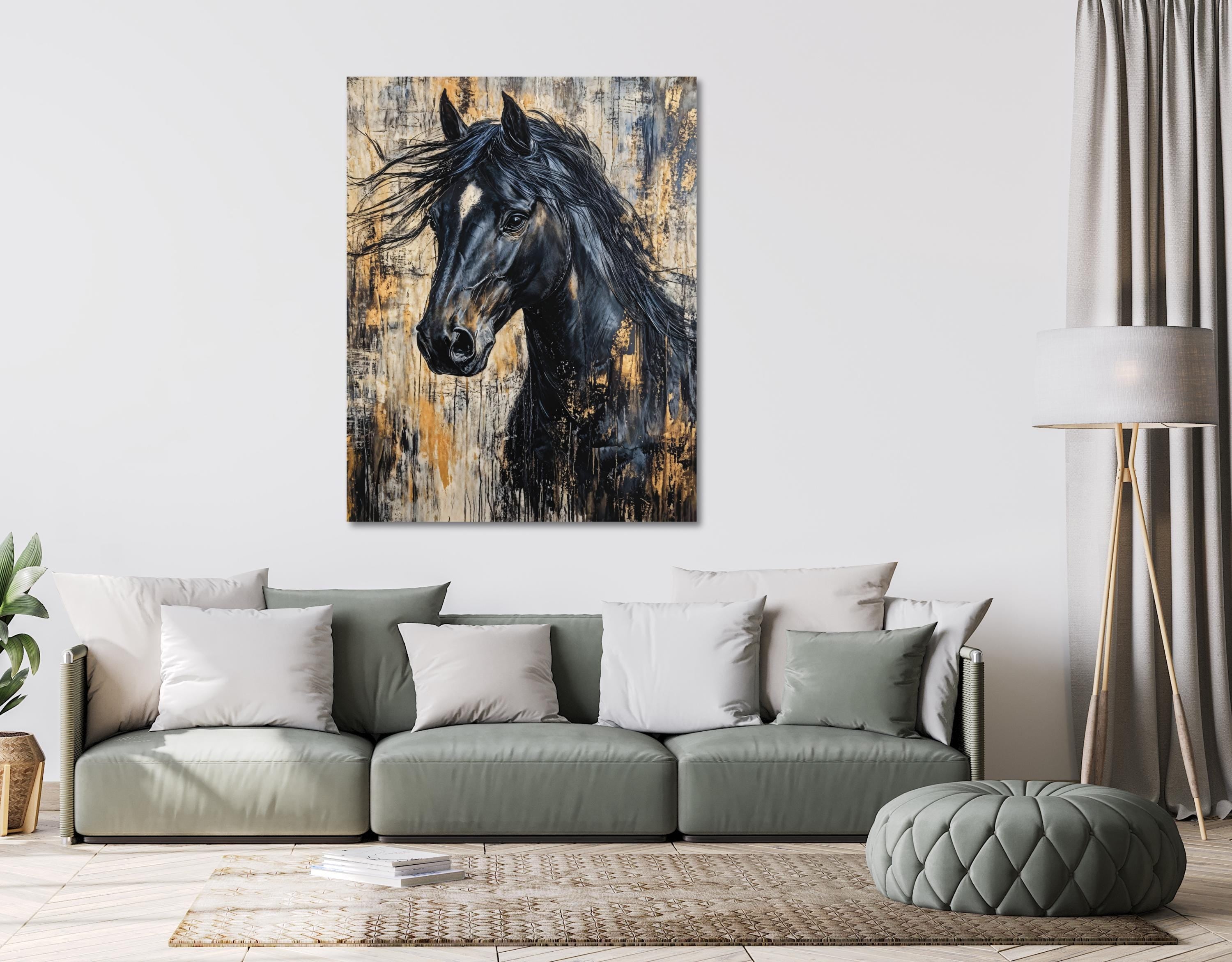 Intense front-facing view of a black horse painting, capturing soulful brown eyes, soft muzzle, tousled forelock, and elegant gold textures.
