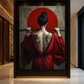 Rear view of an Asian woman with elaborate peony tattoos, red robe, and katana against concrete and crimson circle