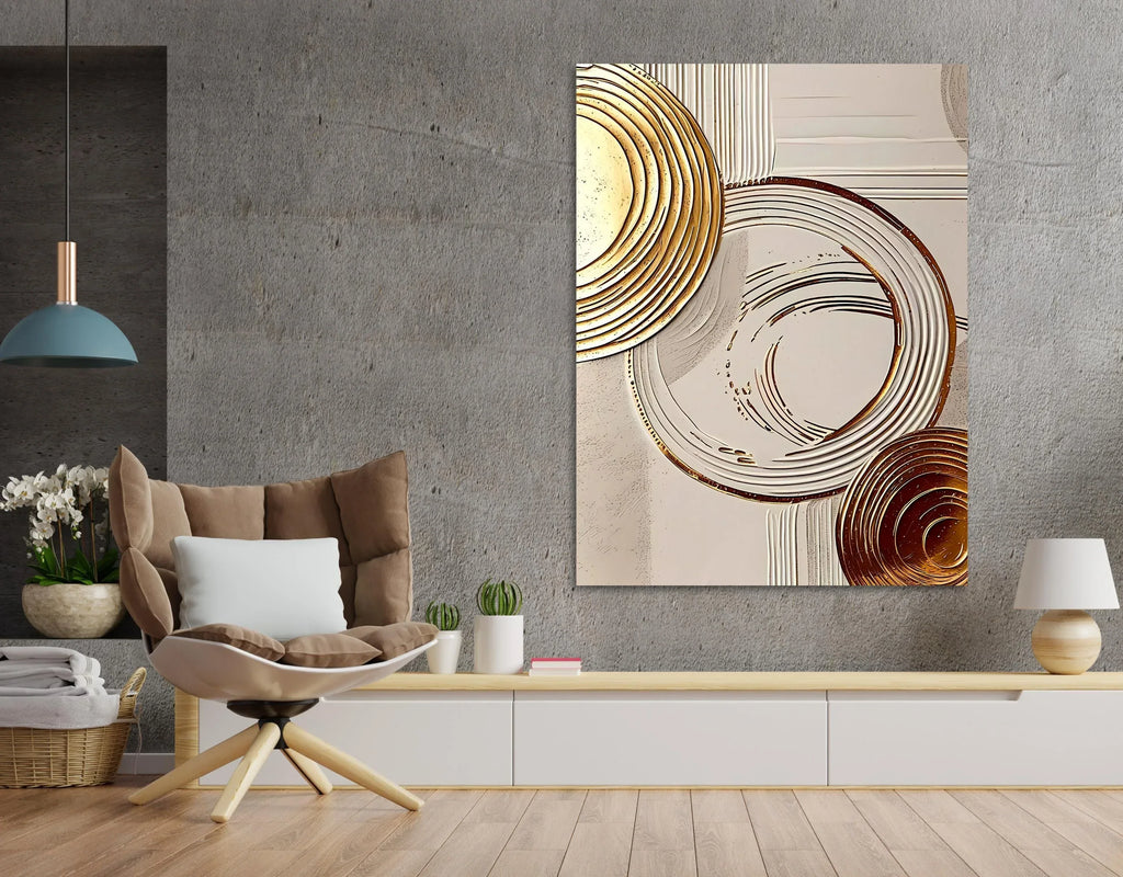 Beige & Gold Abstract Circle Art: Modern Textured Canvas Print - AffinityArts 