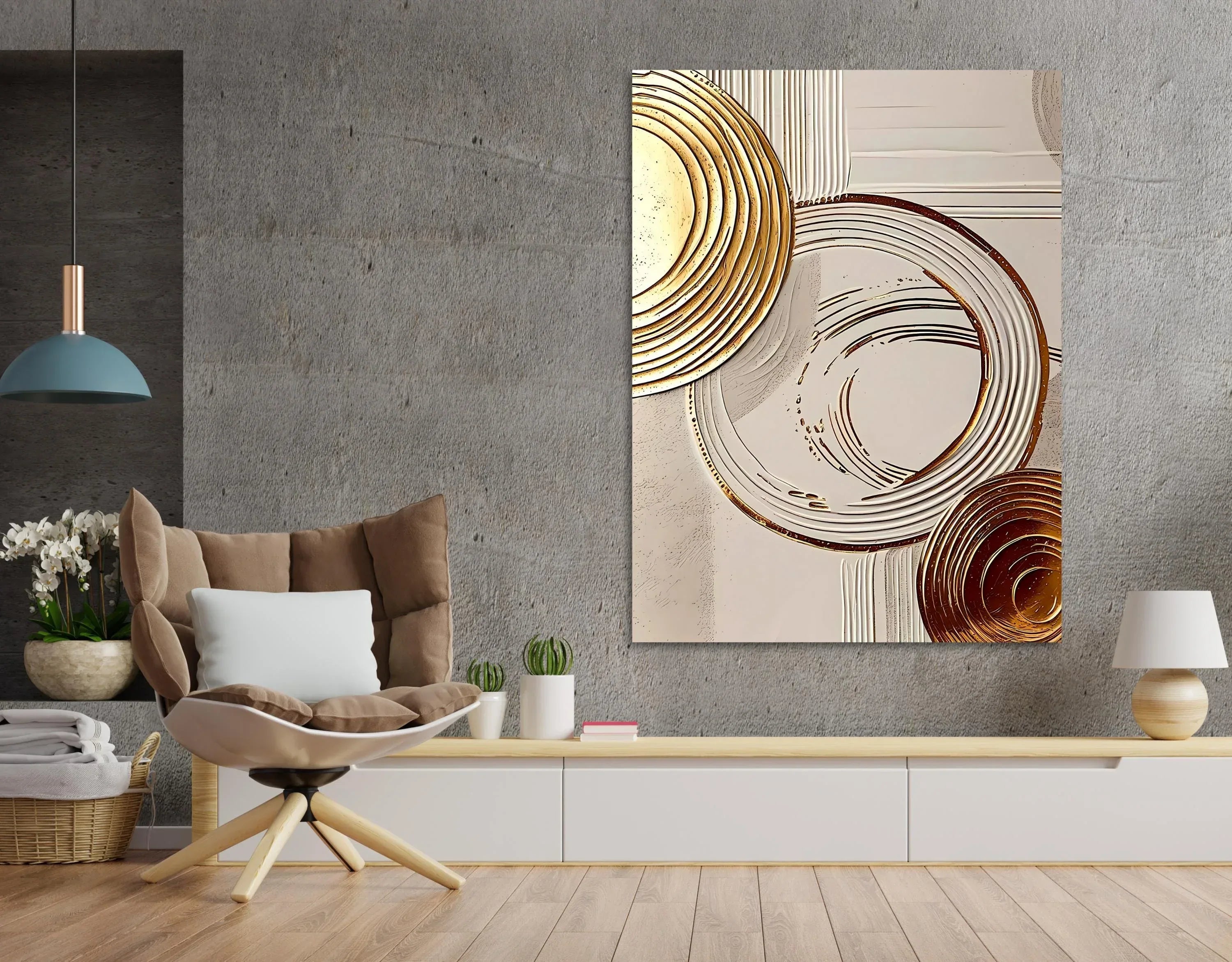 Beige & Gold Abstract Circle Art: Modern Textured Canvas Print - AffinityArts 