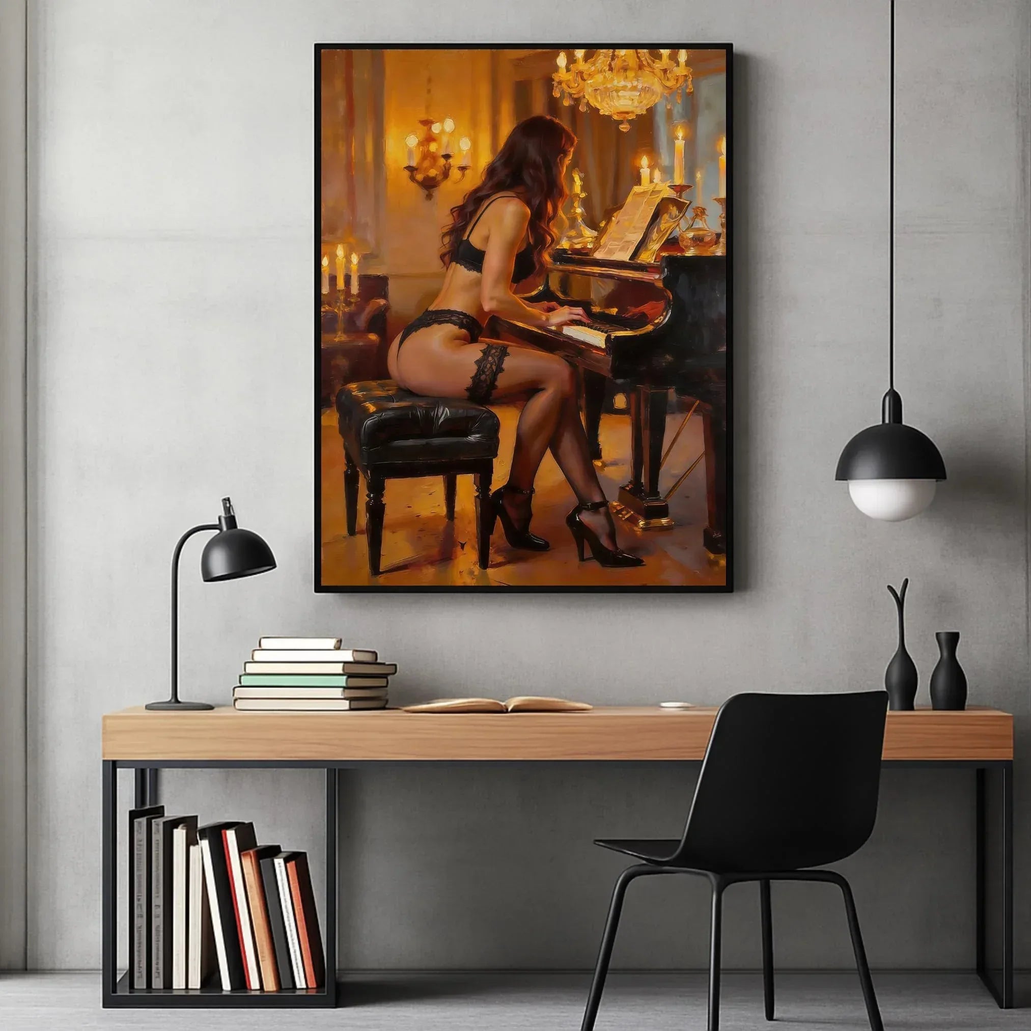 Woman Playing Piano Art Poster, Golden Candlelight Interior Wall Art Print, Premium Paper, Multiple Sizes - AffinityArts 