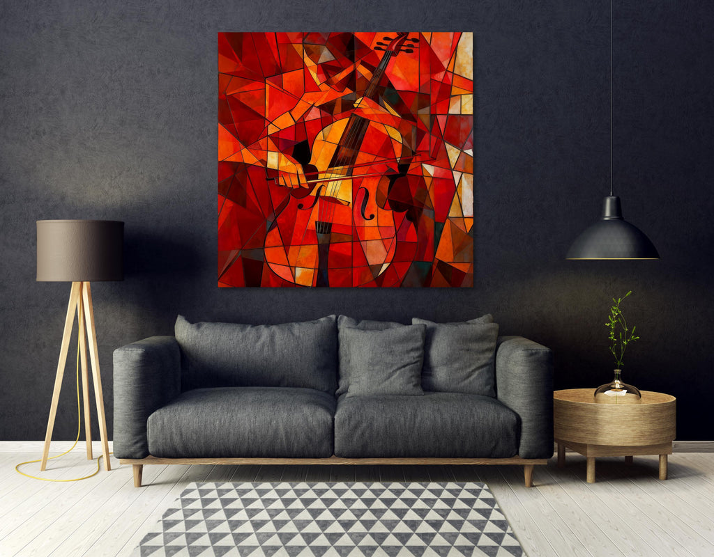 Cubism Cello Canvas Wall Art | Red Orange Abstract Music Painting | Wooden stretcher frame AffinityArts