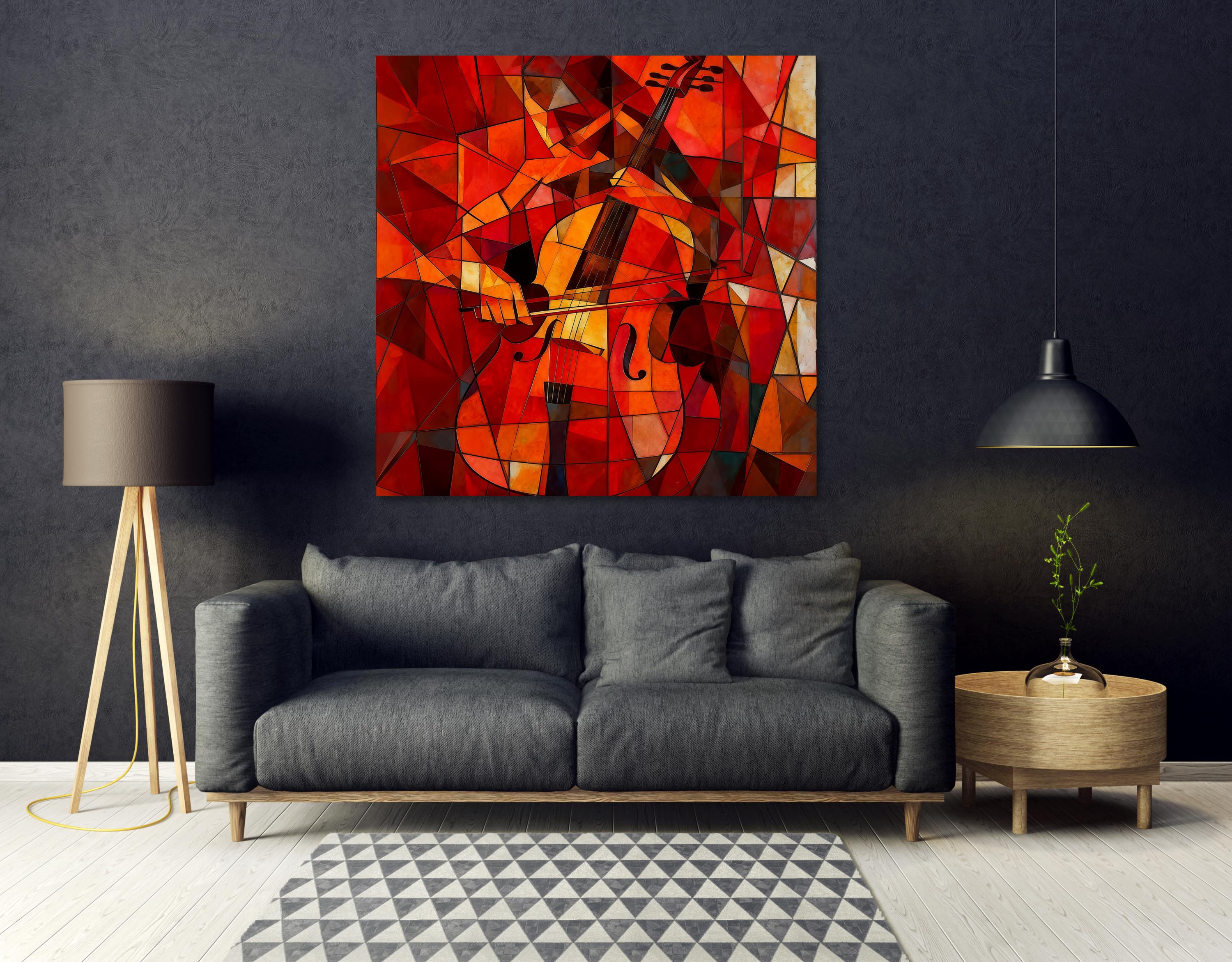 Cubism Cello Canvas Wall Art | Red Orange Abstract Music Painting | Wooden stretcher frame AffinityArts