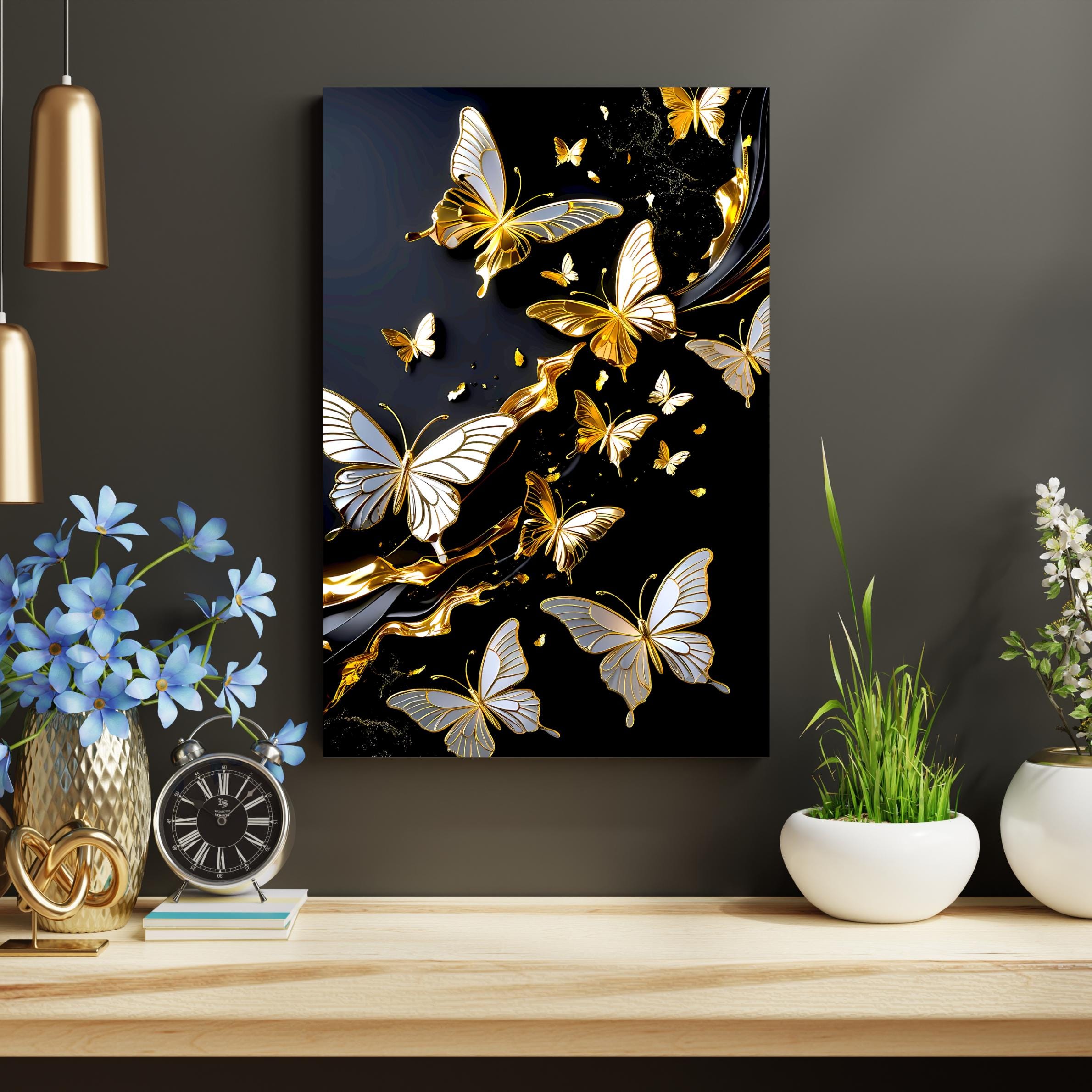 Abstract image of shimmering gold and white butterflies in motion on a starry black backdrop.