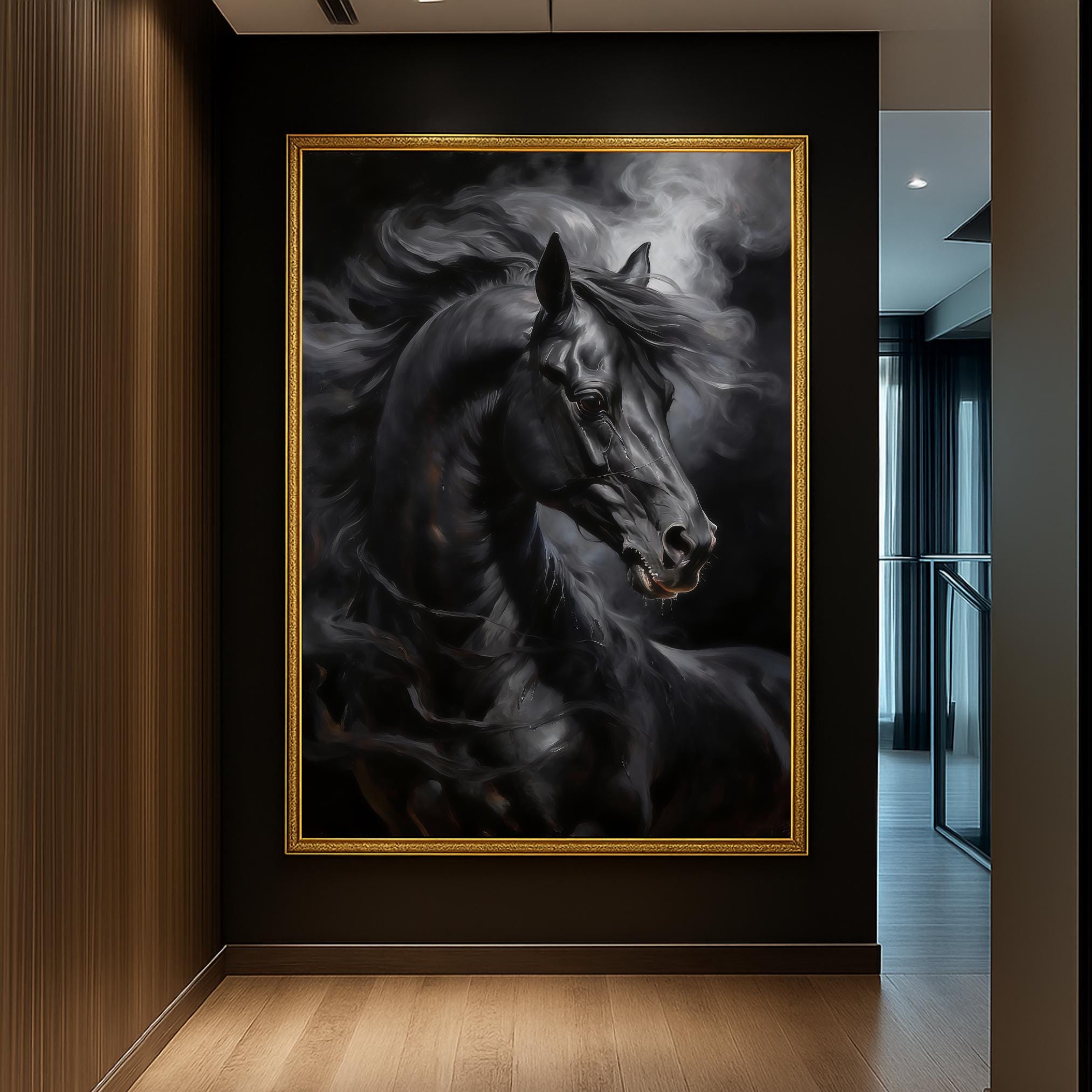Ethereal black horse painting with dynamic movement, misty atmosphere and dramatic contrast

