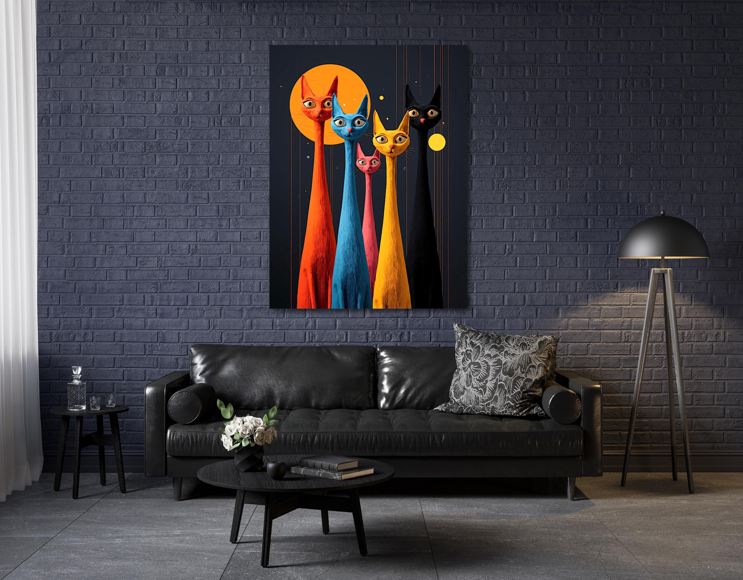 Abstract modern art of tall colorful cats with big eyes under a glowing orange moon on a dark background.
