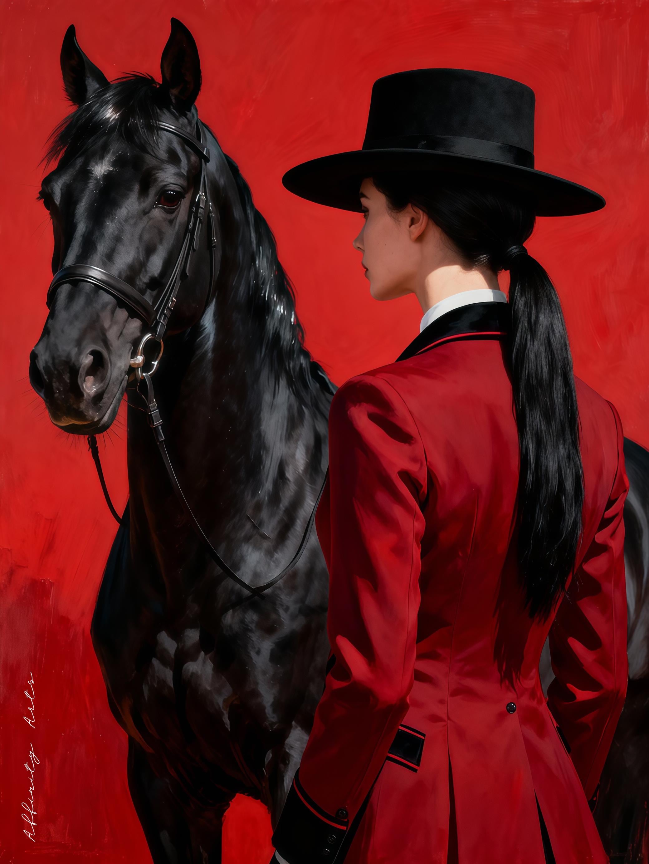 High-contrast portrait of an equestrian in red and black attire with a beautiful dark horse.
