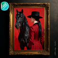 A woman in a red riding jacket and black top hat standing beside a black horse against a bold red background.
