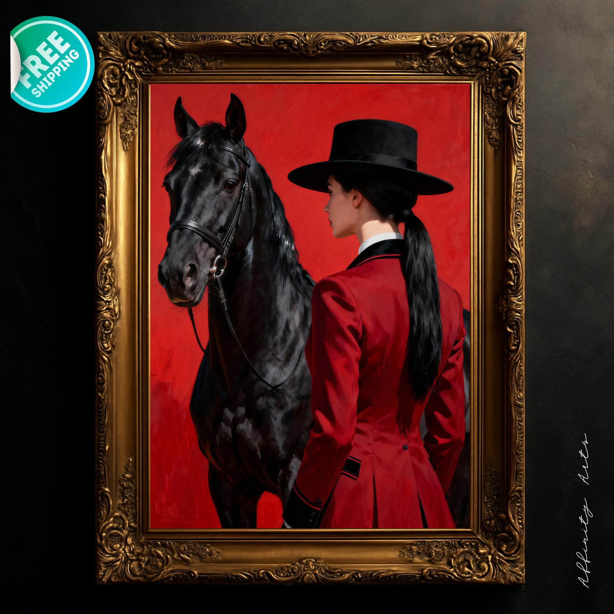 A woman in a red riding jacket and black top hat standing beside a black horse against a bold red background.

