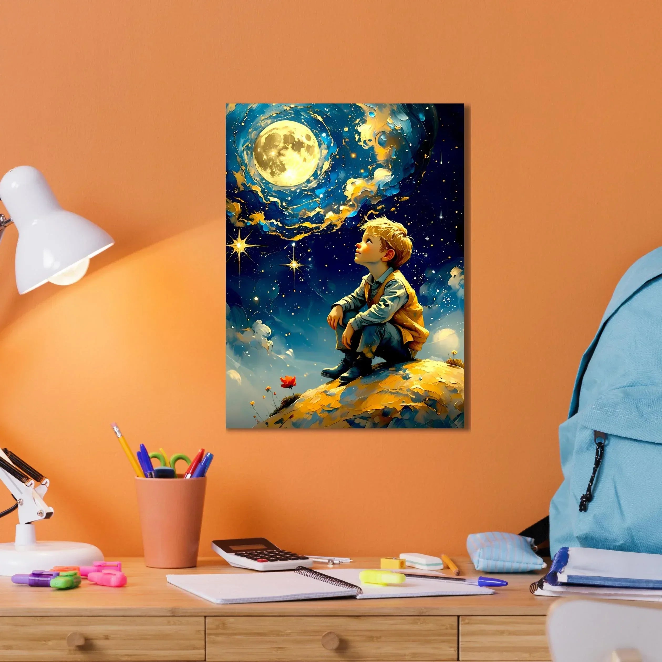 Fantasy Moon Wall Art – Dreamy Boy Under Starry Sky Canvas Print - AffinityArts 