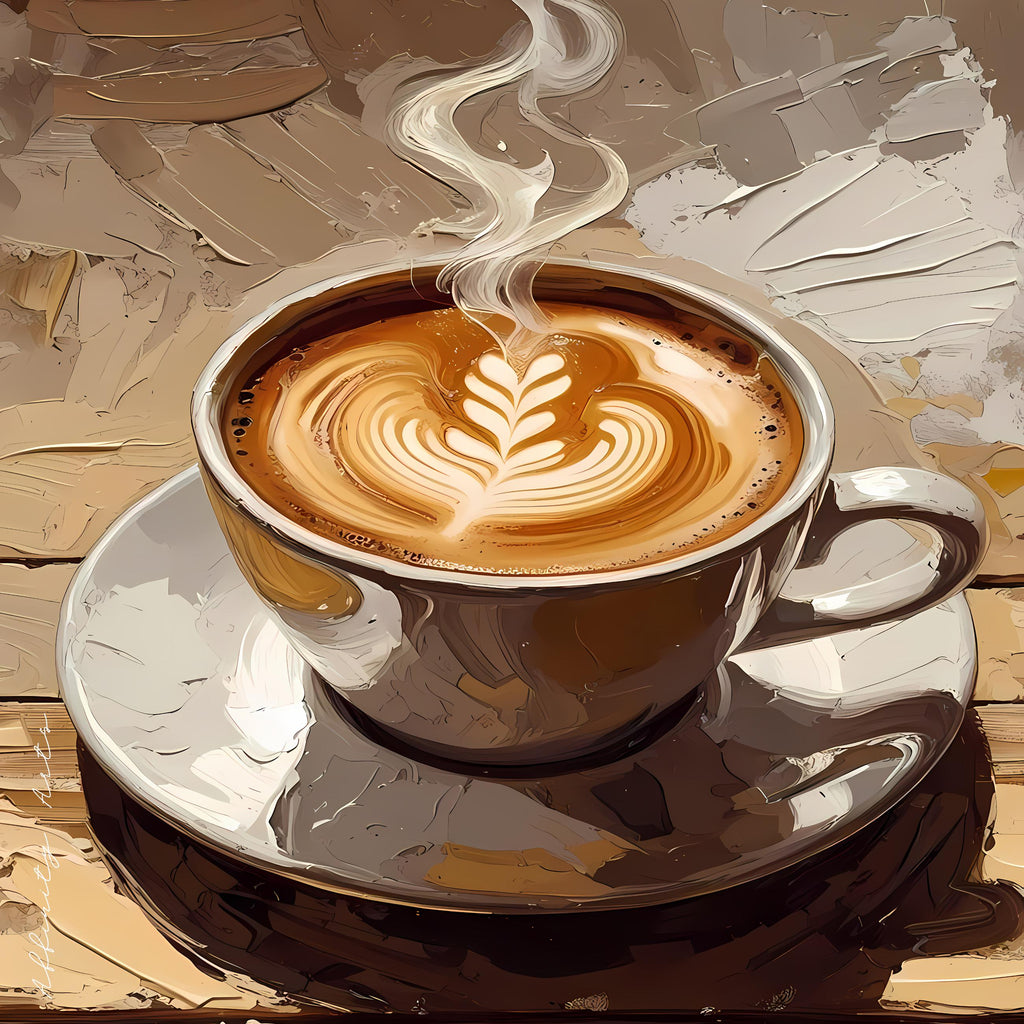 Artistic illustration of a hot latte with heart-shaped latte art and steam rising from the cup on a rustic table.