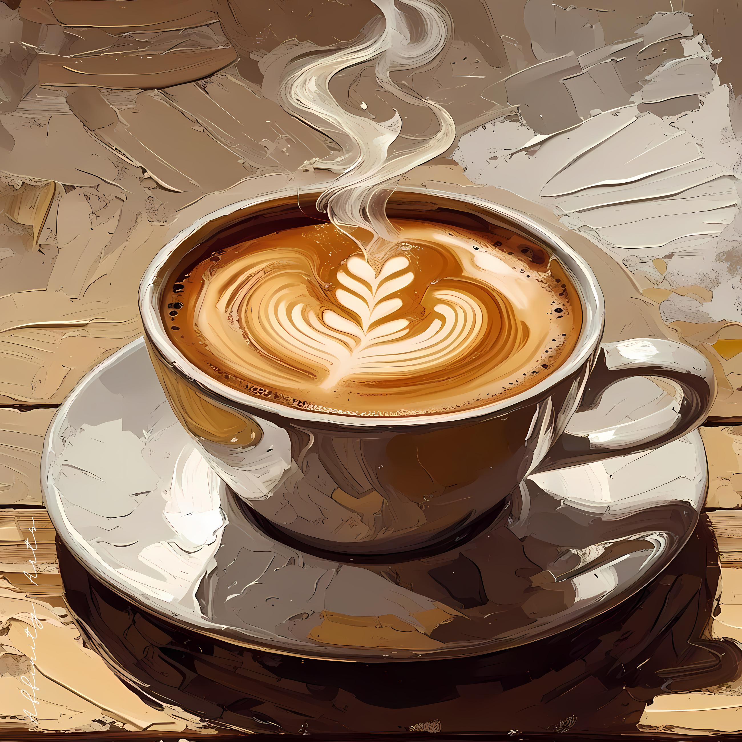Artistic illustration of a hot latte with heart-shaped latte art and steam rising from the cup on a rustic table.