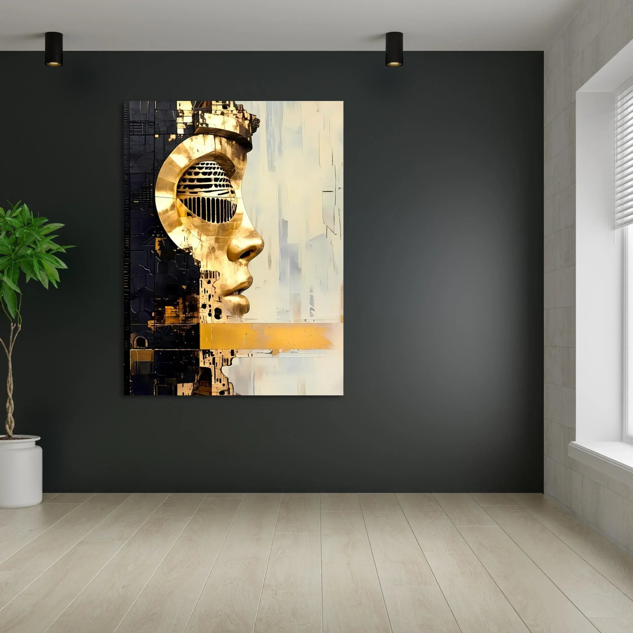 Modern Abstract Wall Art – Futuristic Golden Face Canvas, Cyberpunk Metal Texture Portrait Print - AffinityArts 