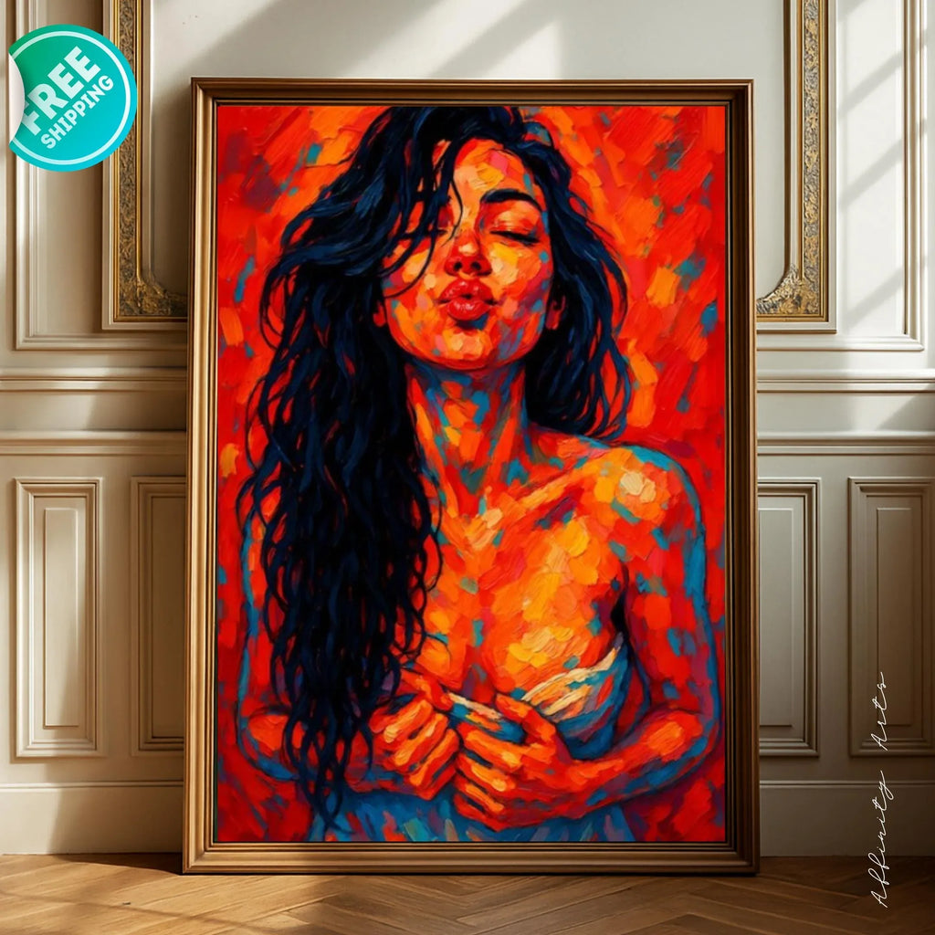 Abstract Kiss Portrait: Vibrant Expressionist Woman Art Print - AffinityArts 