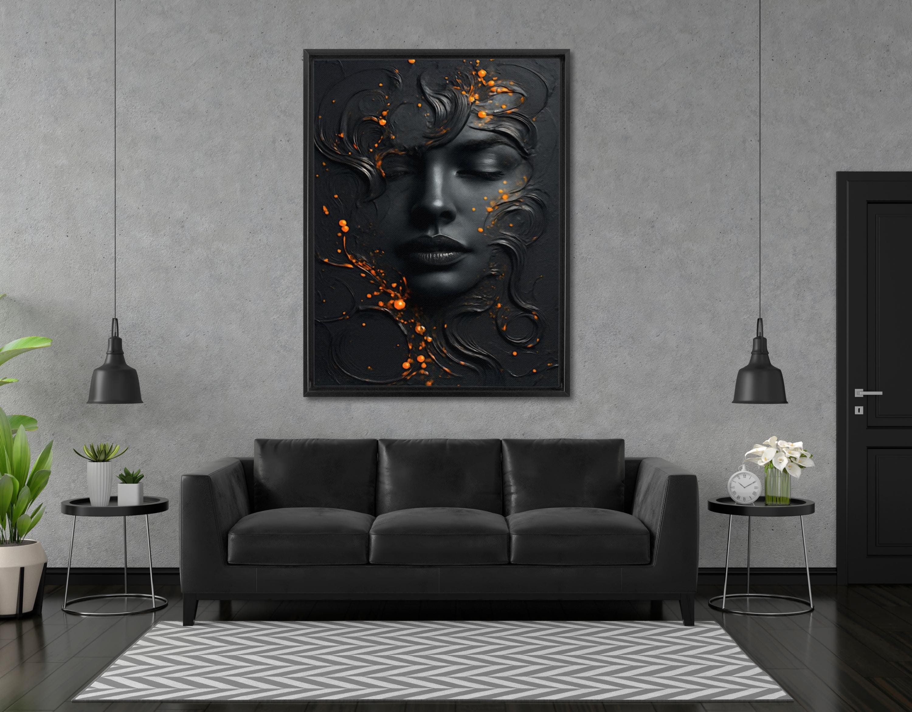 Abstract Black Face Canvas Art: Modern Orange Accent Painting AffinityArts