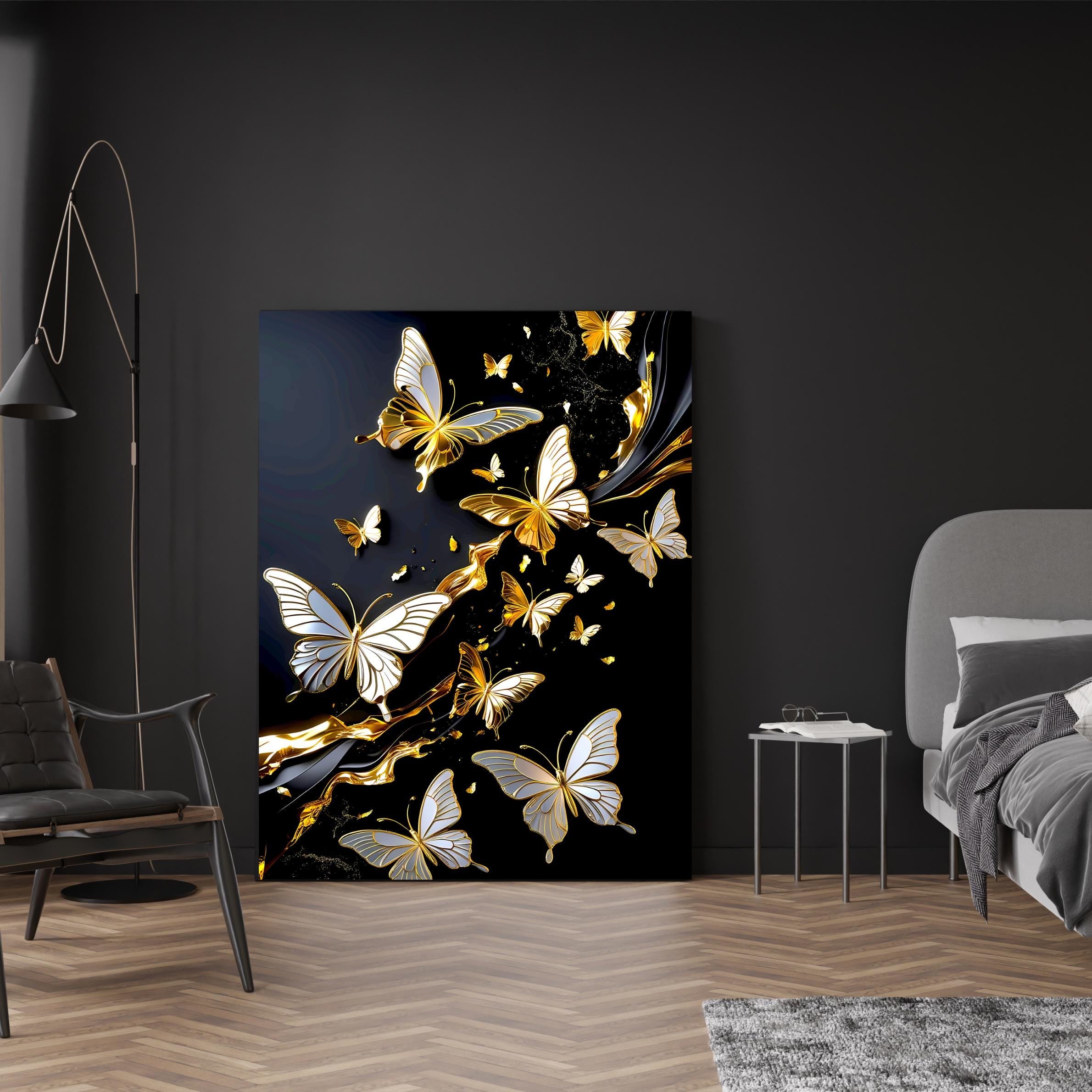 Luxurious butterfly design with gold accents and white wings, blended with fluid golden ribbons.