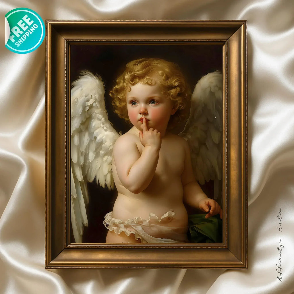 Winged Angel Art Print, Gold Curl Painting, Classic Home Decor (Digital File Option) - AffinityArts 