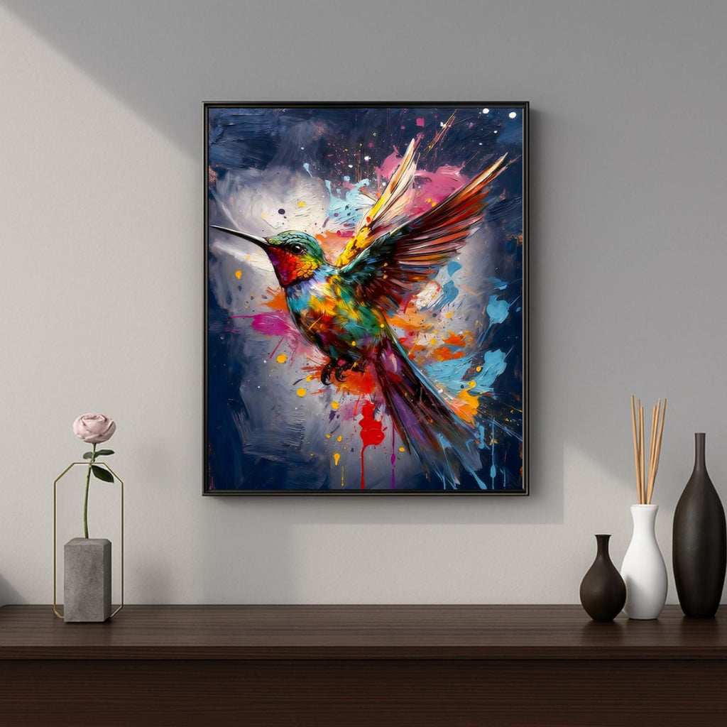 Colorful Hummingbird Wall Art Print, Blue Background, Premium Paper Poster, Canvas Print, Digital Download AffinityArts
