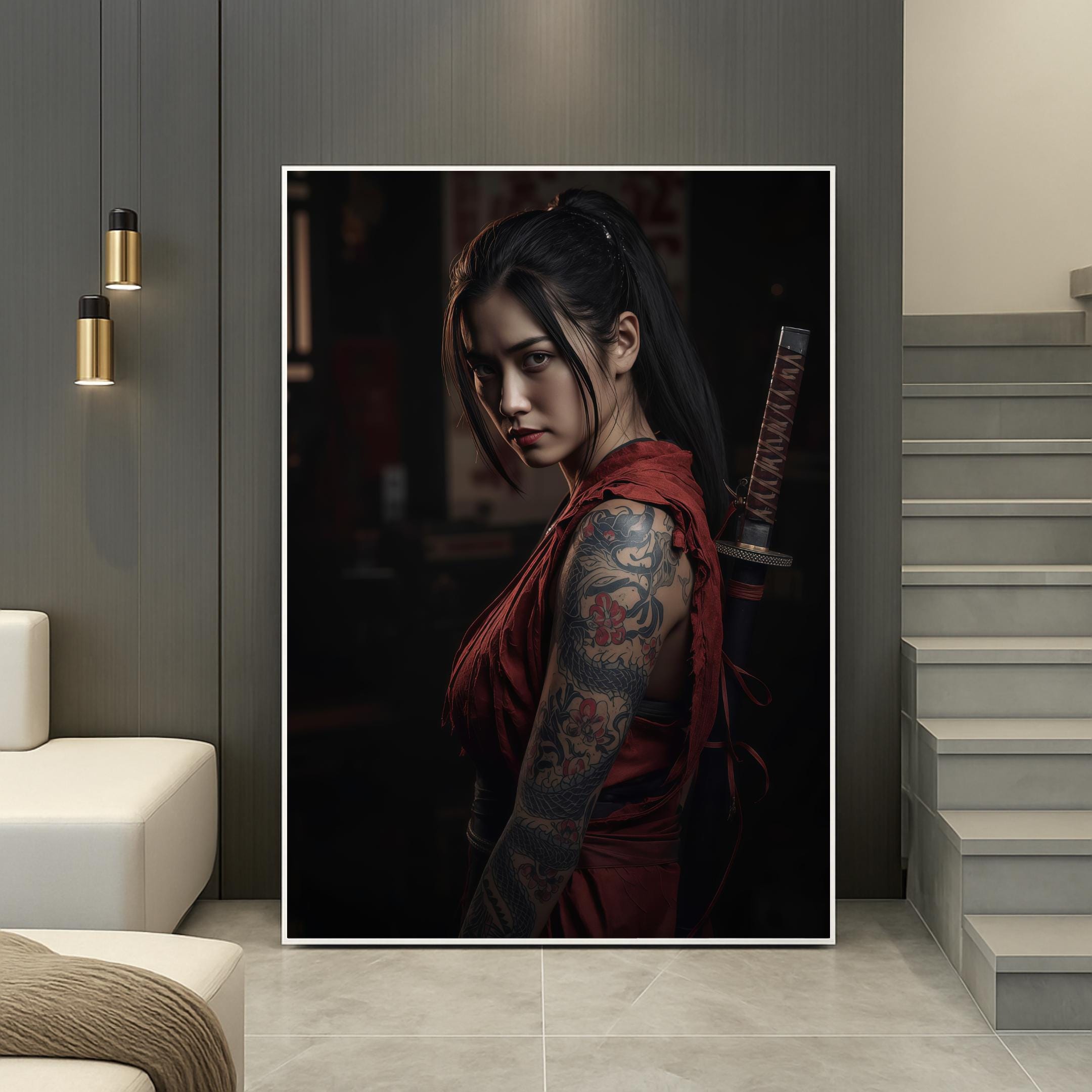 Samurai Woman Poster, Tattooed Female Warrior Wall Art, Japanese Style Print, Premium Paper, Digital Download Available AffinityArts