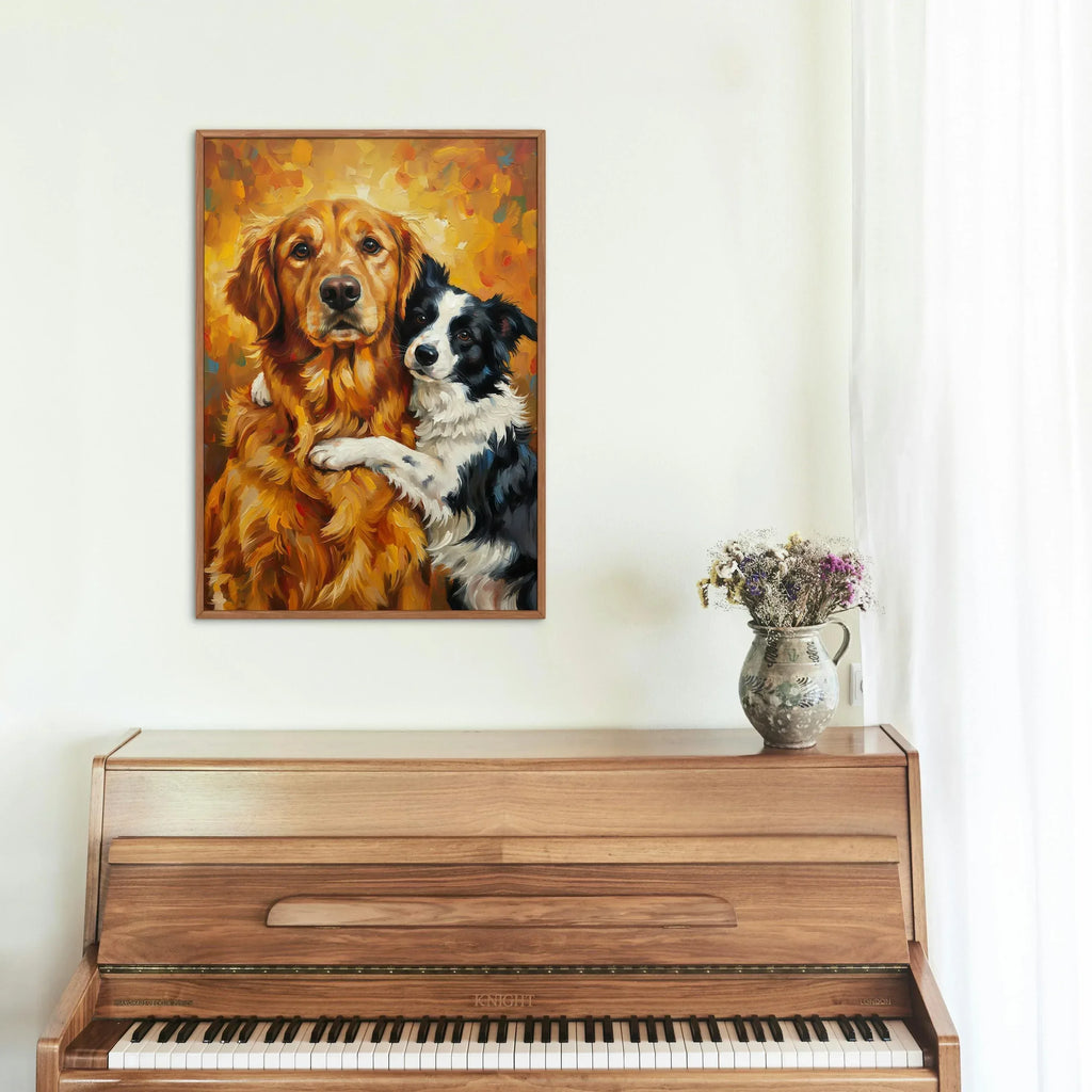 Dog Friendship Art Print | Golden Retriever & Border Collie Hug | Satin Paper Poster - AffinityArts 