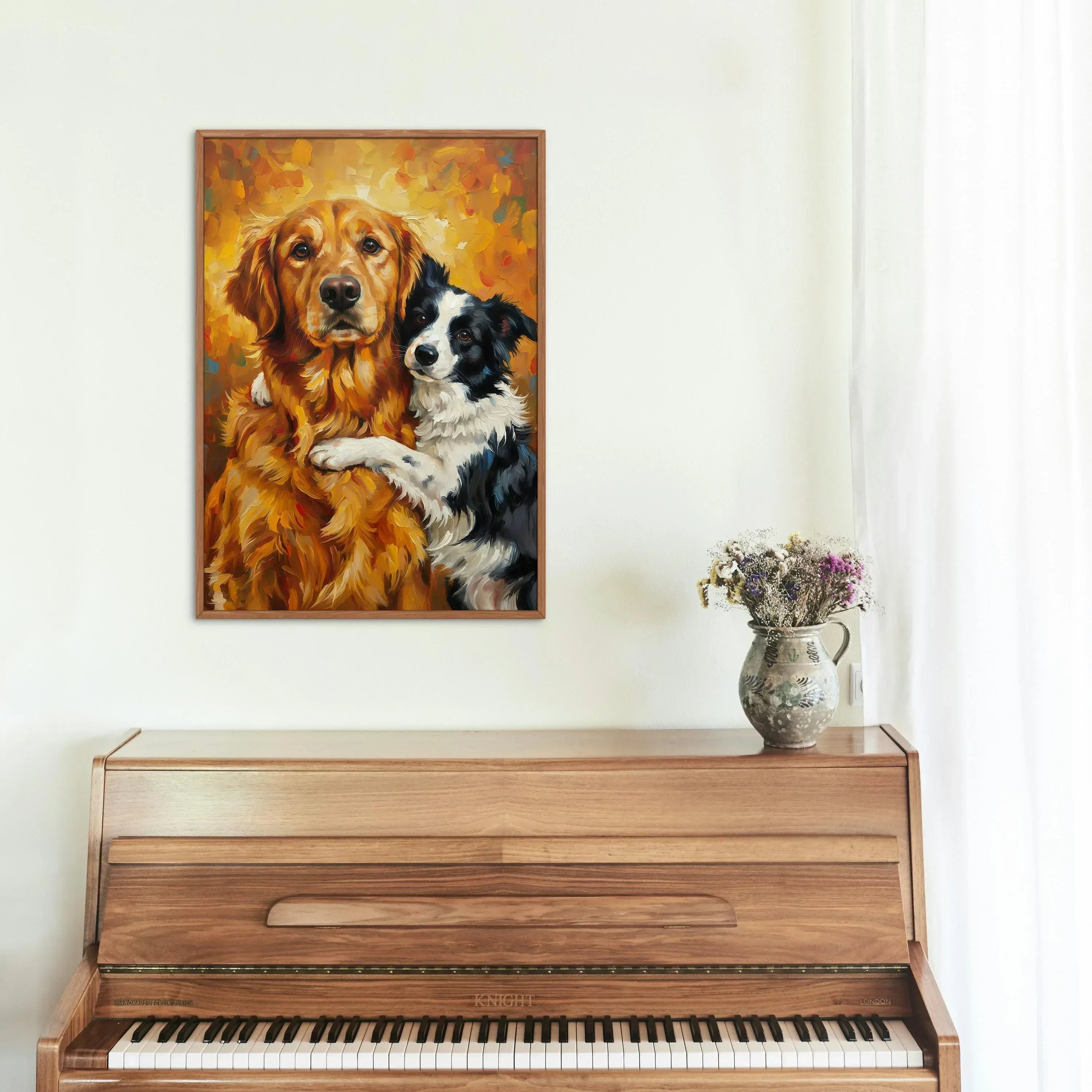 Dog Friendship Art Print | Golden Retriever & Border Collie Hug | Satin Paper Poster - AffinityArts 