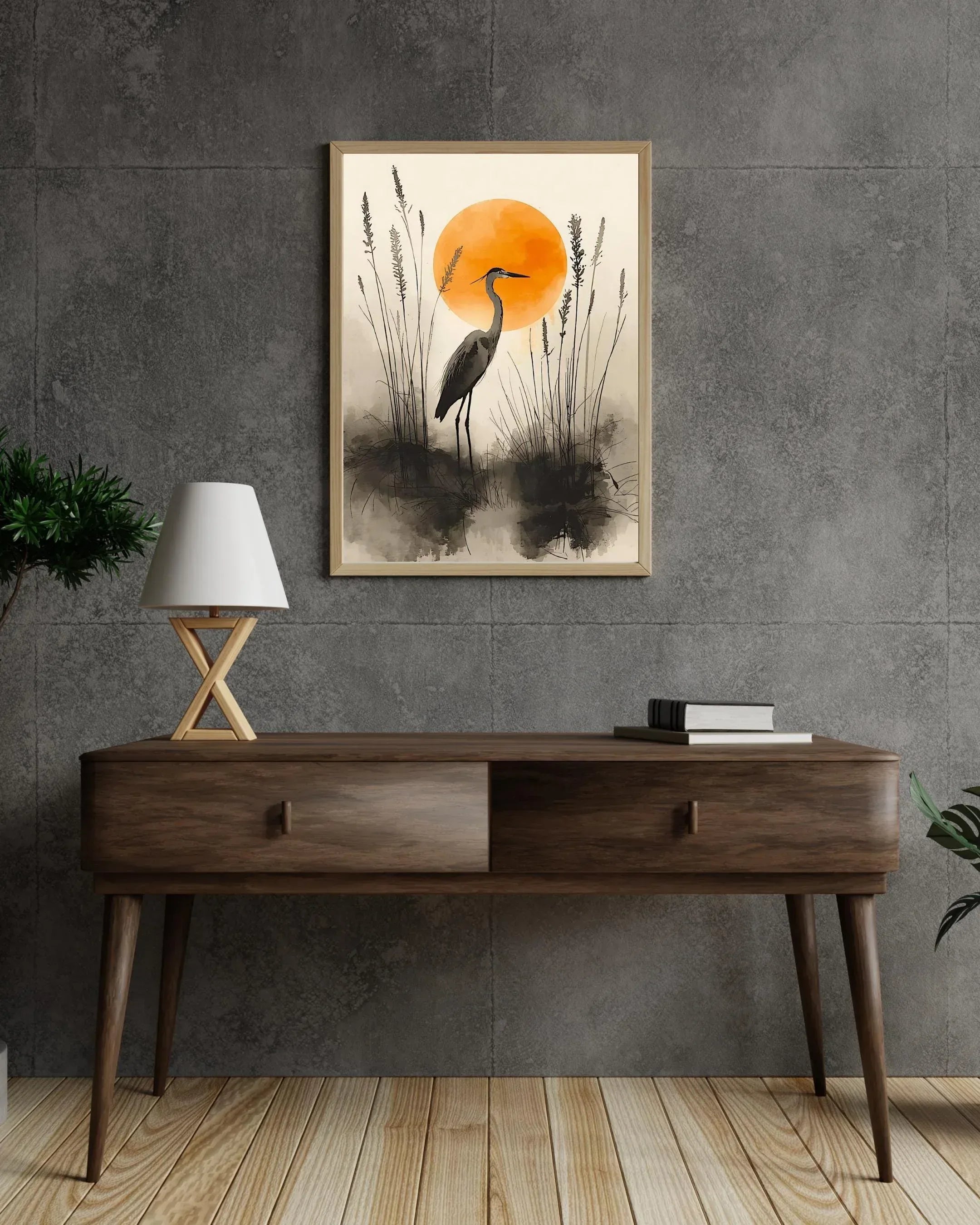 Watercolor Heron Art Print: Japanese Style Sunrise Poster - AffinityArts 