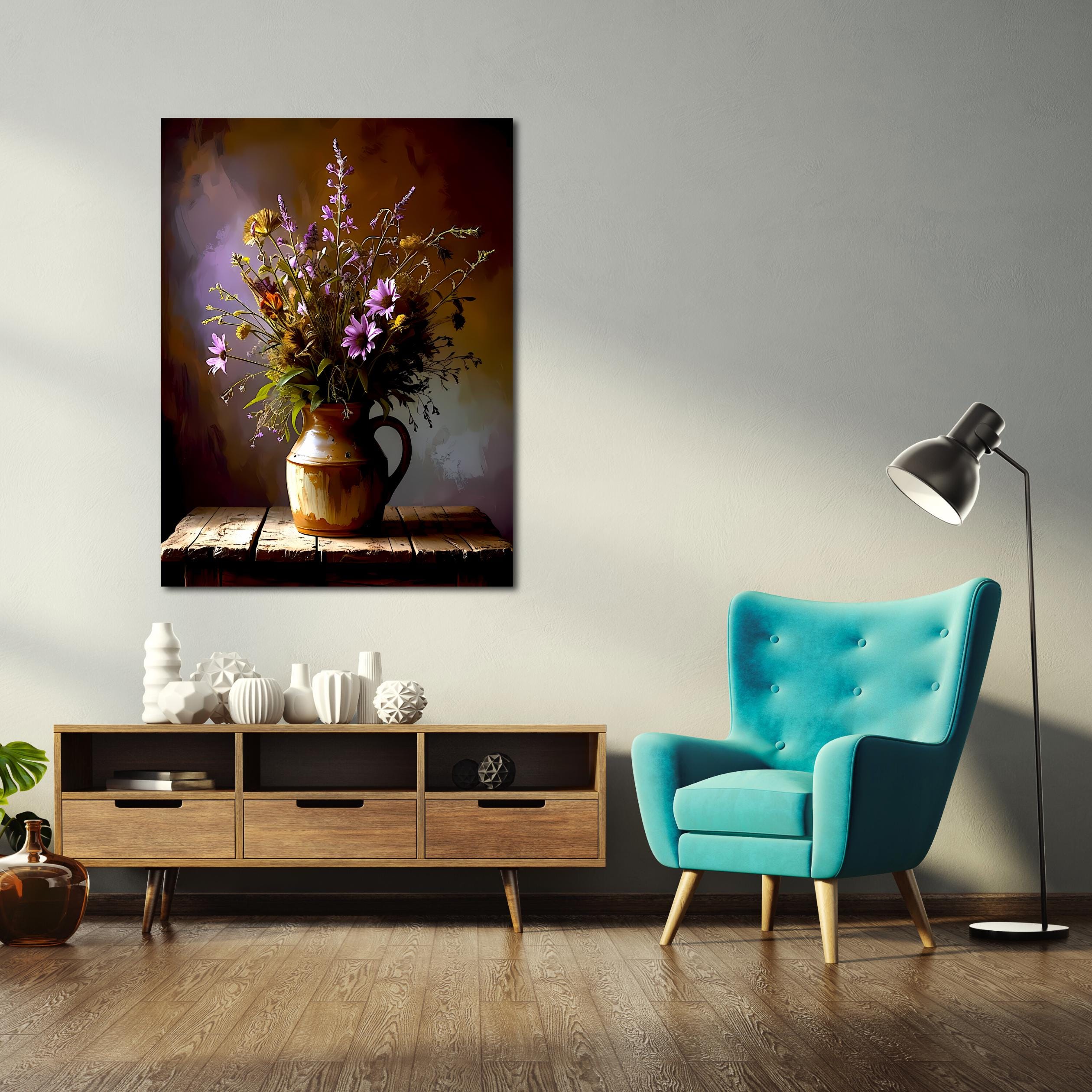 Oil-painting style image of daisies, lavender, and thistles in a handled jug.