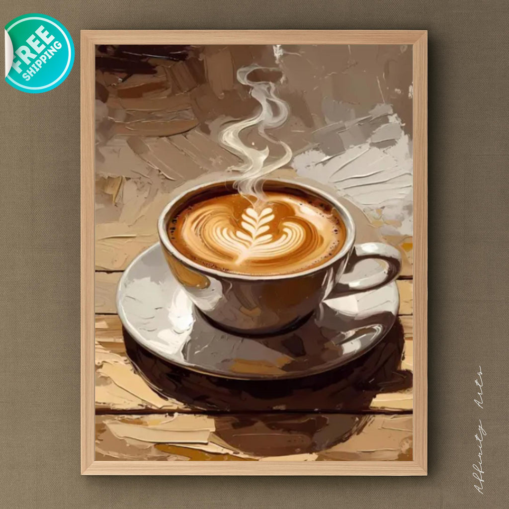 A steaming cup of cappuccino with leaf latte art in a ceramic cup on a saucer, illustrated in a warm textured painting style.