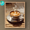A steaming cup of cappuccino with leaf latte art in a ceramic cup on a saucer, illustrated in a warm textured painting style.