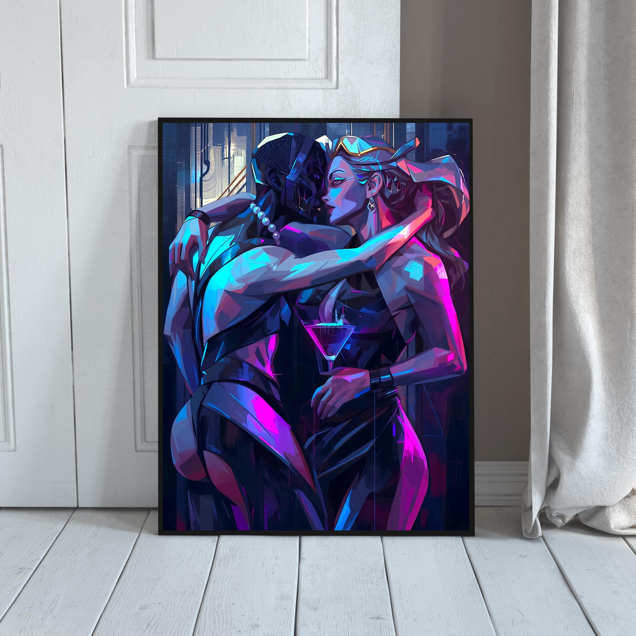 Modern sci-fi couple in dramatic lighting, featuring geometric shapes and glowing neon accents.