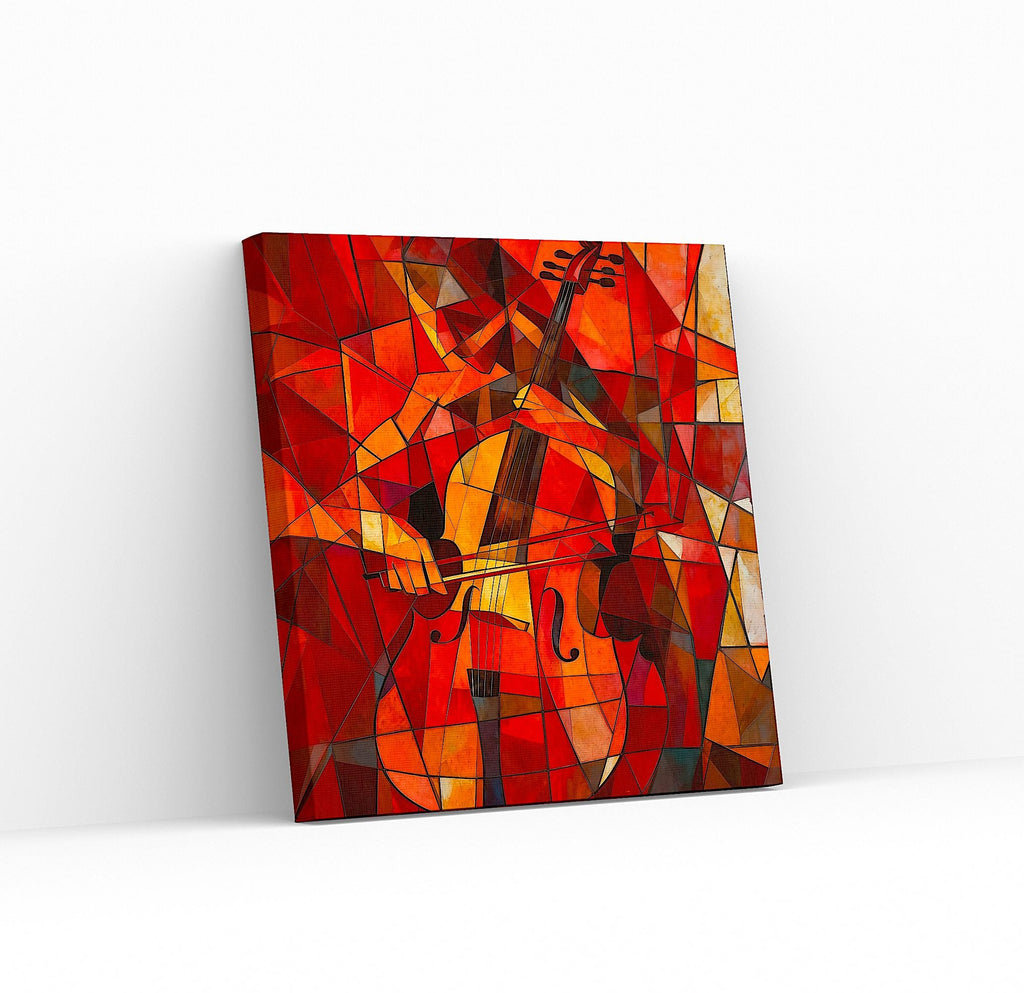 Cubism Cello Canvas Wall Art | Red Orange Abstract Music Painting | Wooden stretcher frame AffinityArts
