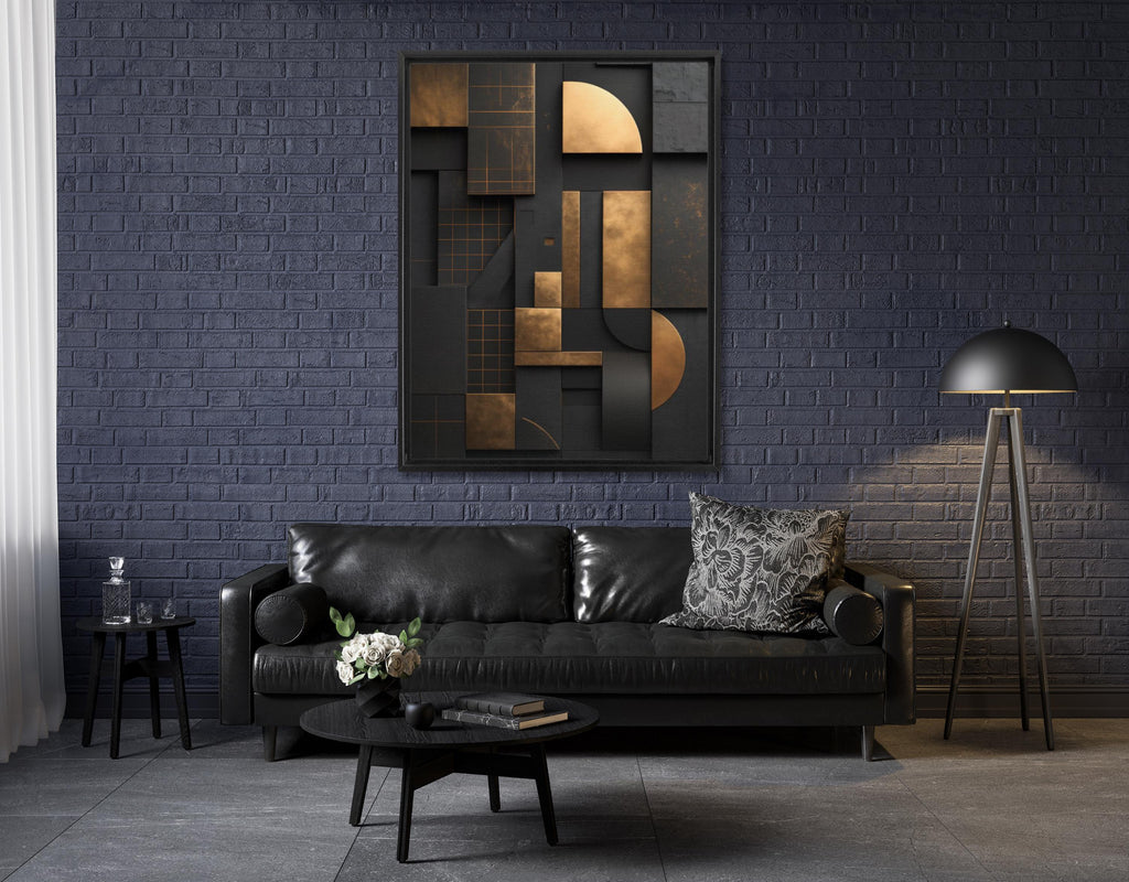Black and Gold Geometric Canvas Wall Art: Modern Floating Frame - AffinityArts 