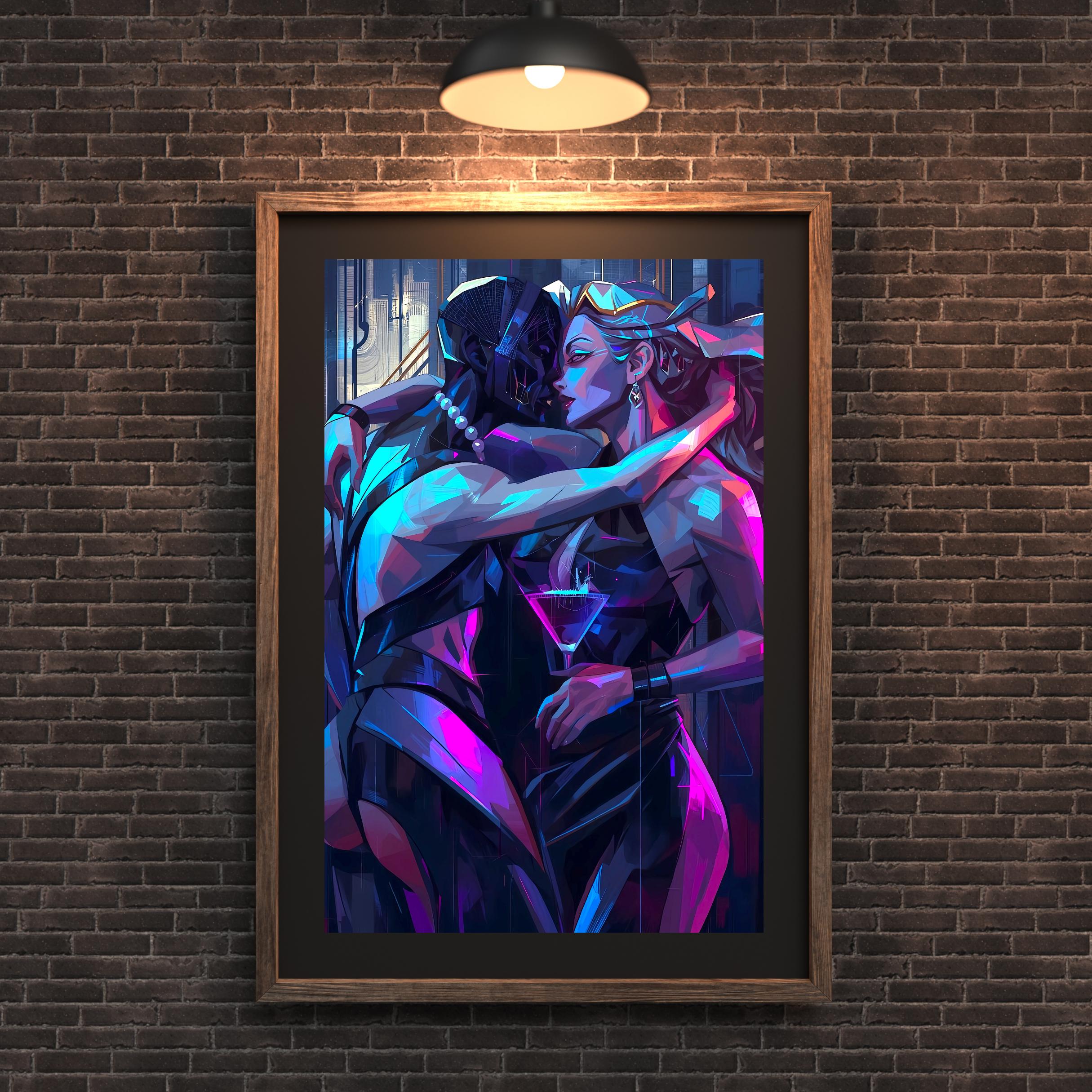 Vibrant digital art of two figures embracing in a futuristic nightclub setting with glowing city lights.