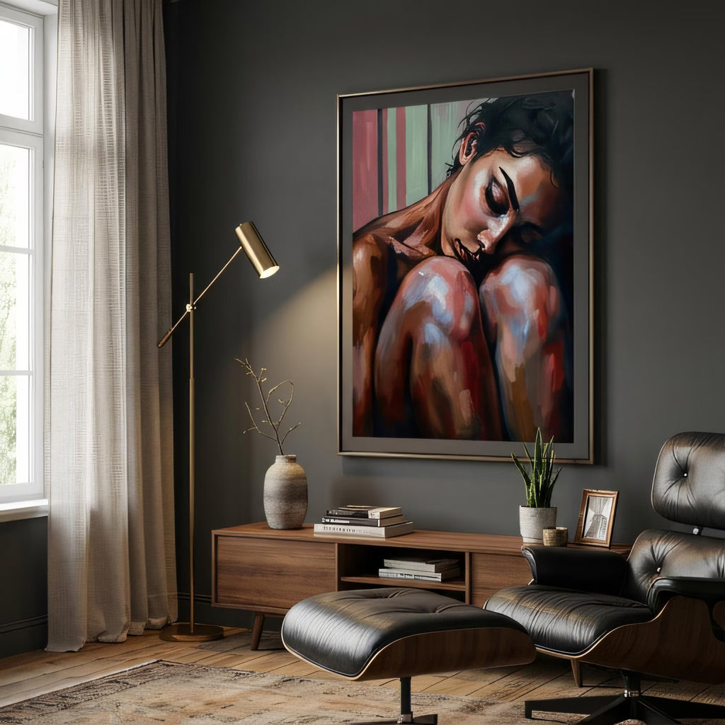 Expressive impressionist oil painting of a woman in quiet stillness — head resting on drawn knees, eyes closed — rendered in bold brushstrokes with warm terracotta, rose, and deep shadow tones against a striped teal and pink background.