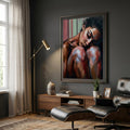 Expressive impressionist oil painting of a woman in quiet stillness — head resting on drawn knees, eyes closed — rendered in bold brushstrokes with warm terracotta, rose, and deep shadow tones against a striped teal and pink background.