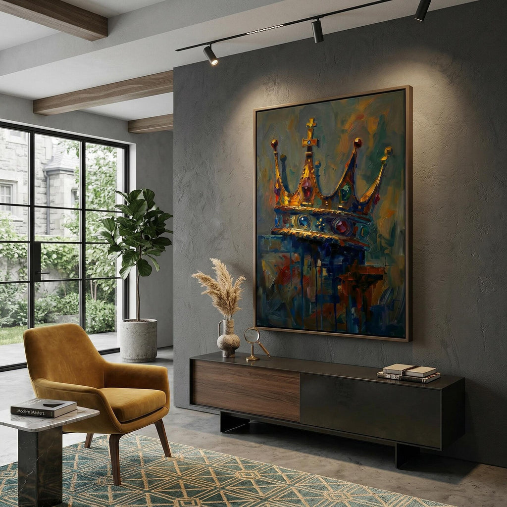Dark academic wall art featuring a regal crown with sapphire, ruby and emerald stones in oil paint style