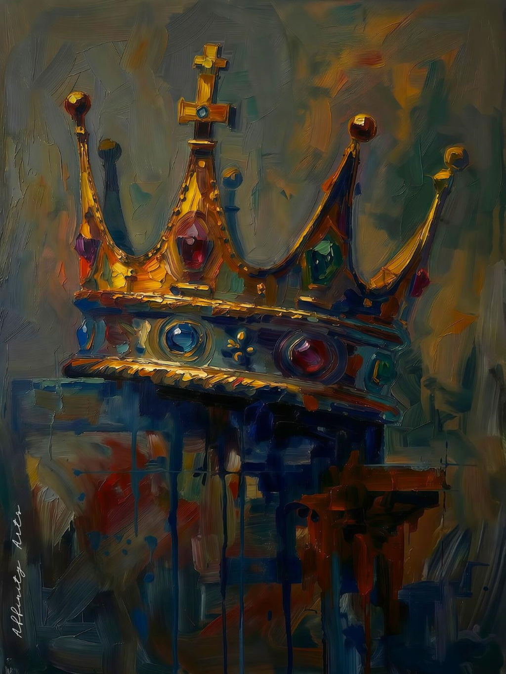 Close-up of a golden medieval crown painting with dramatic brushstrokes and jewel tone colors