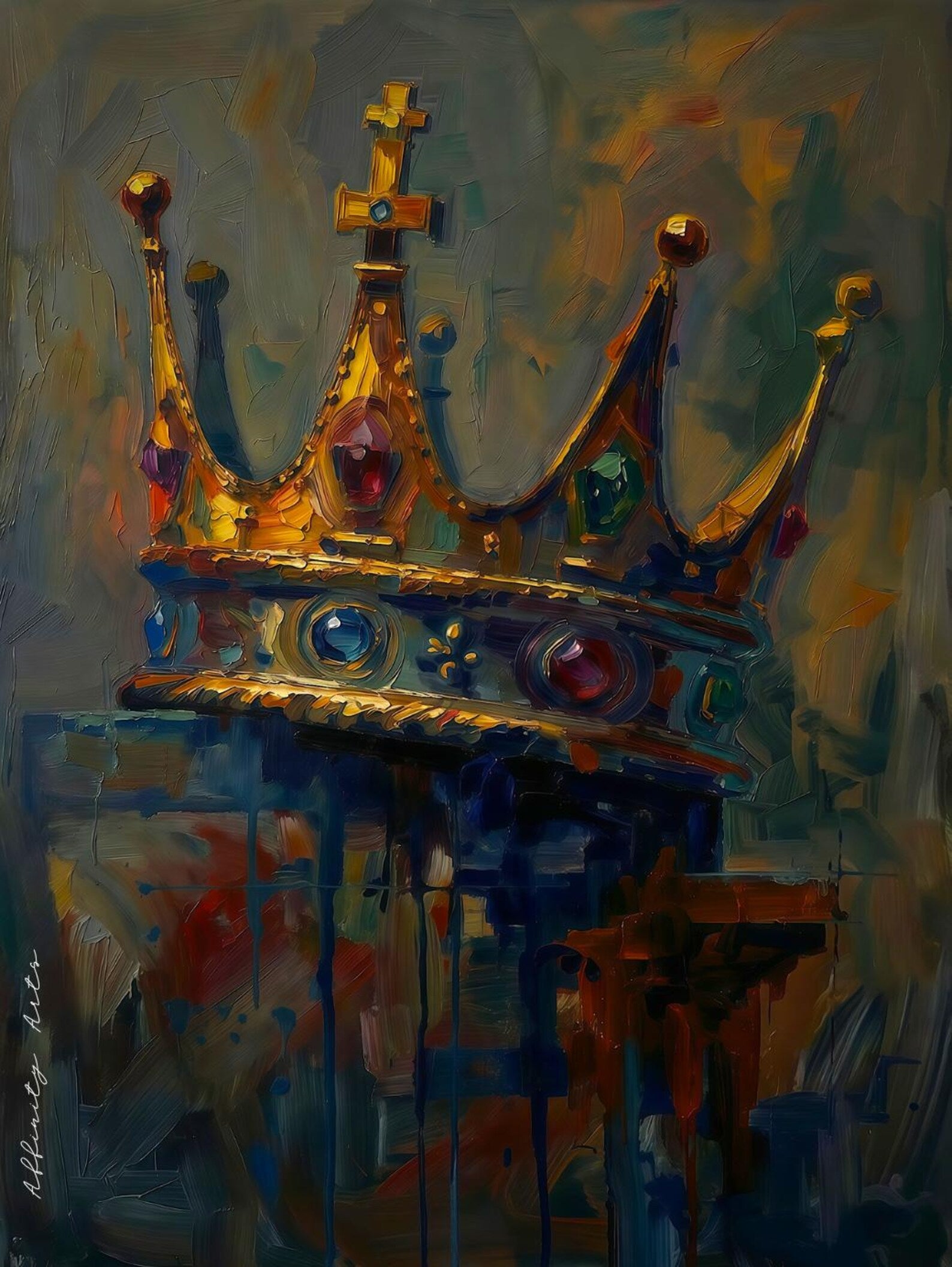 Close-up of a golden medieval crown painting with dramatic brushstrokes and jewel tone colors