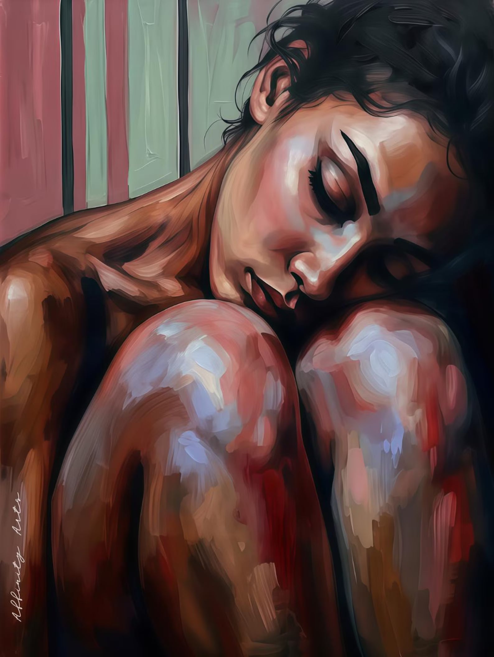Figurative art print – expressive woman portrait, terracotta and rose palette, impressionist brushstrokes, wall decor by AffinityArtsUA.