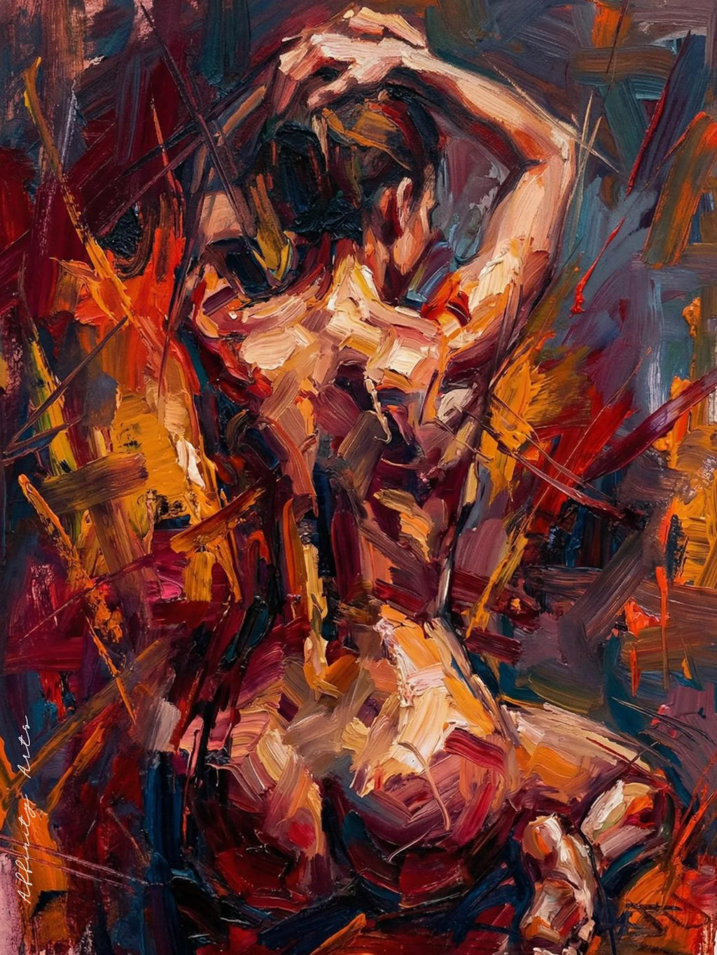 Abstract figure canvas print above desk in psychologist office, bold emotional wall art creating powerful focal point in professional space