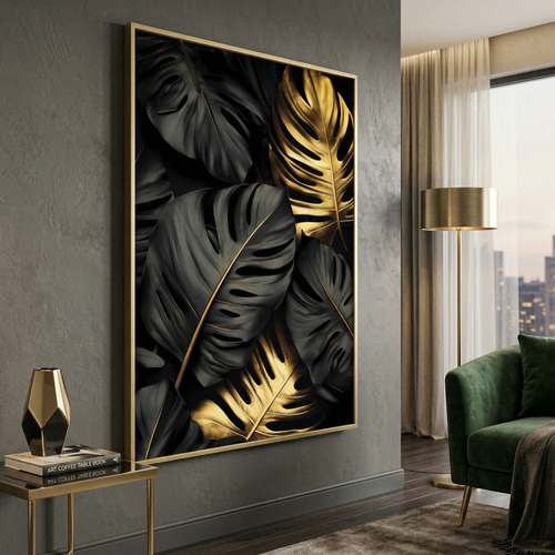 Black and Gold Monstera Leaf Wall Art: Botanical Print, Modern Decor