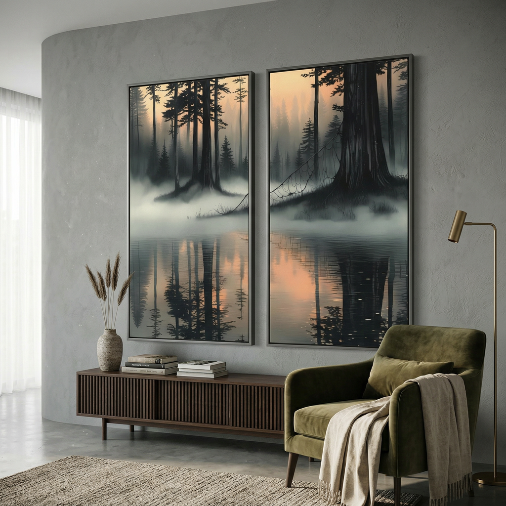 Canvas Wall Art Set – Misty Forest Lake Diptych Print, Foggy Pine Tree Landscape Posters AffinityArts
