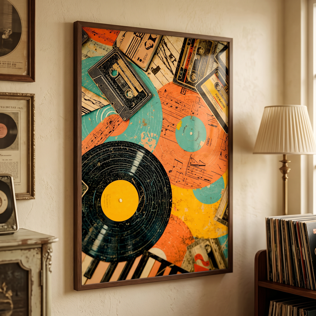 Retro Vinyl & Cassette Music Poster – Satin Finish Art Print AffinityArts