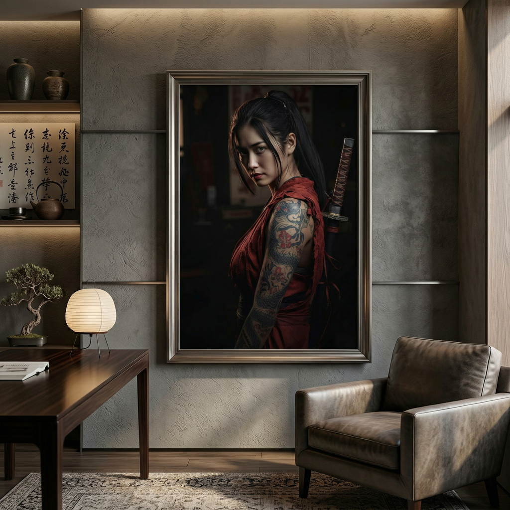 Samurai Woman Poster, Tattooed Female Warrior Wall Art, Japanese Style Print, Premium Paper, Digital Download Available AffinityArts