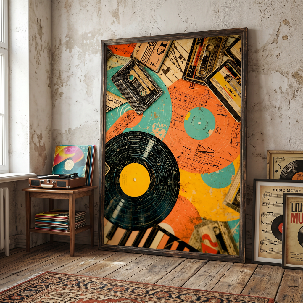 Retro Vinyl & Cassette Music Poster – Satin Finish Art Print AffinityArts