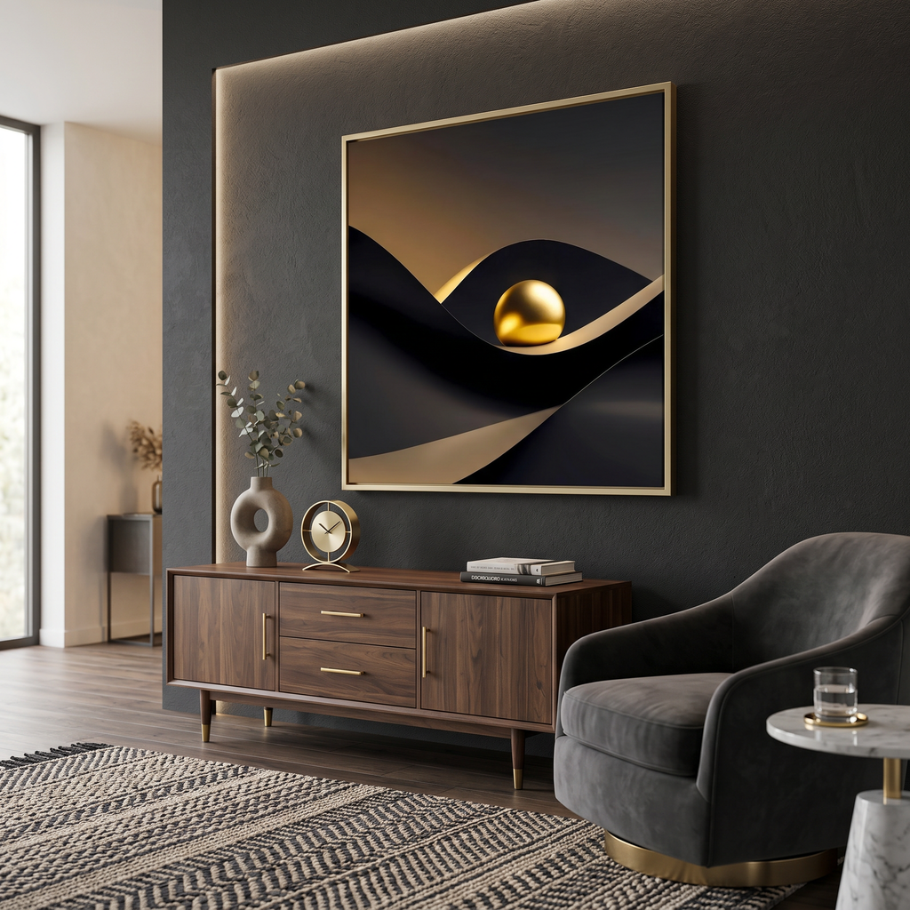 Gold sphere resting in black and gold abstract wave, minimalist wall art
