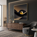 Gold sphere resting in black and gold abstract wave, minimalist wall art