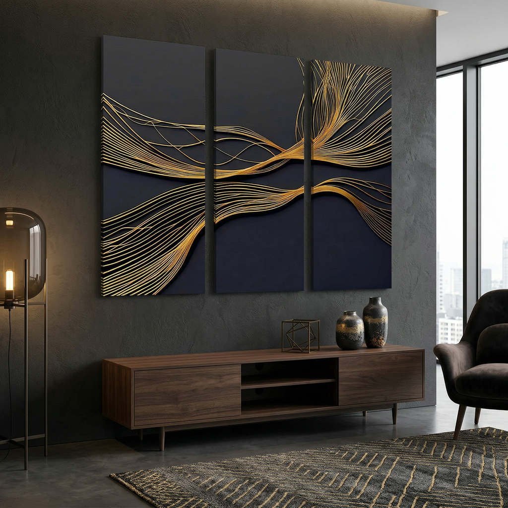 Gold Line Abstract Triptych Canvas Art: Modern Black and Gold Wall Decor AffinityArts