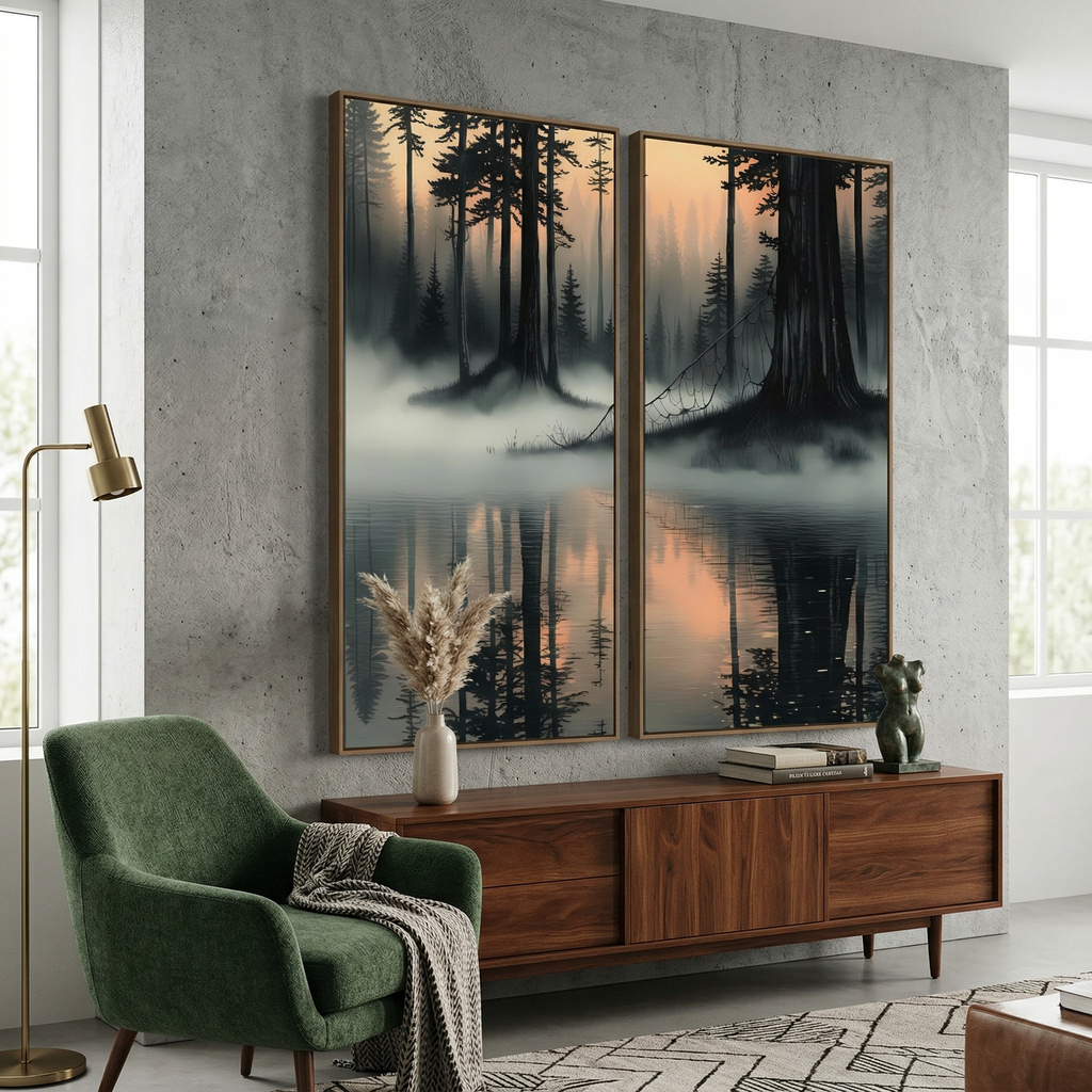 Canvas Wall Art Set – Misty Forest Lake Diptych Print, Foggy Pine Tree Landscape Posters AffinityArts